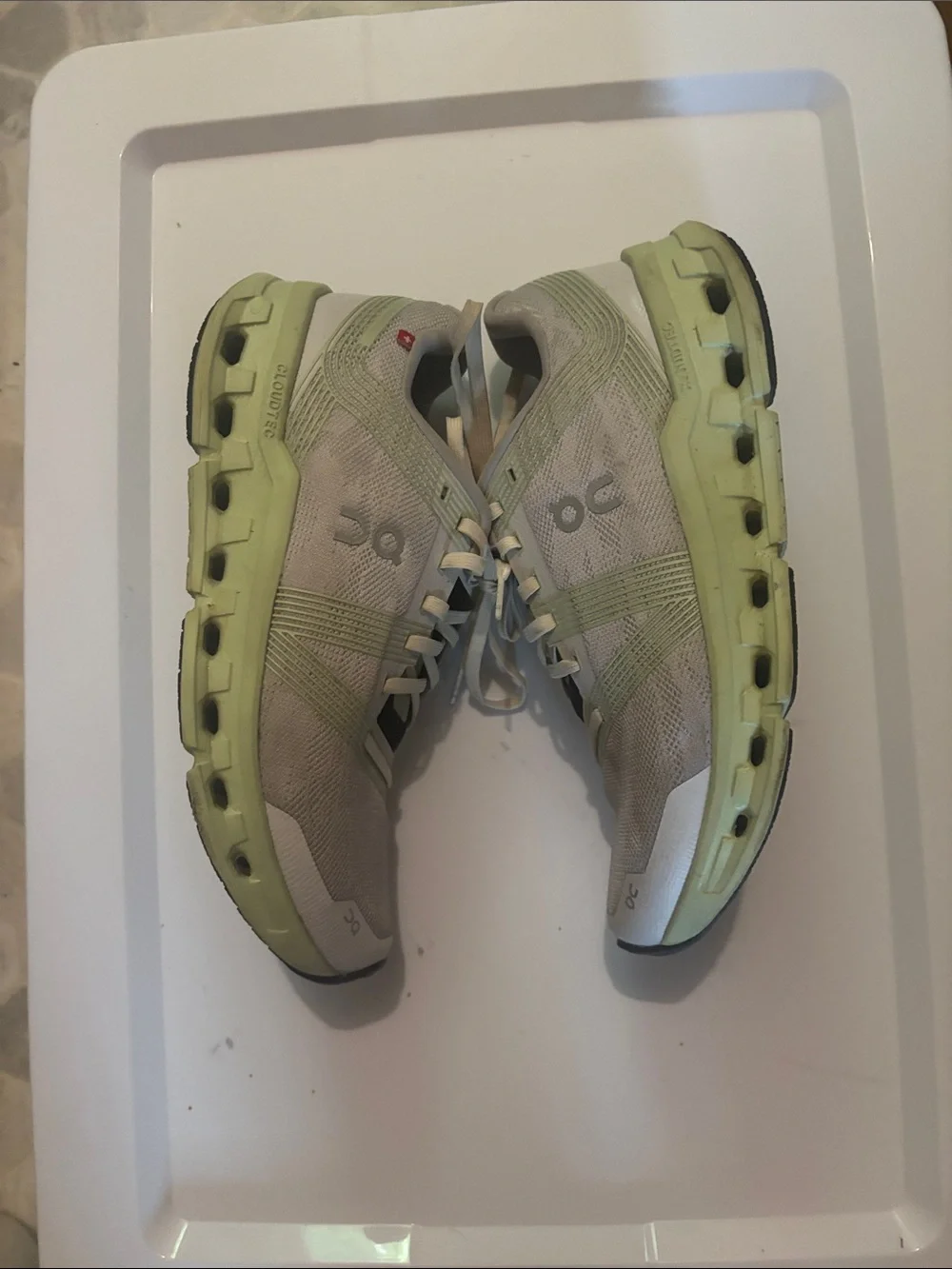 On Running Wonen’s Athletic Shoes — White with Light Green Accents